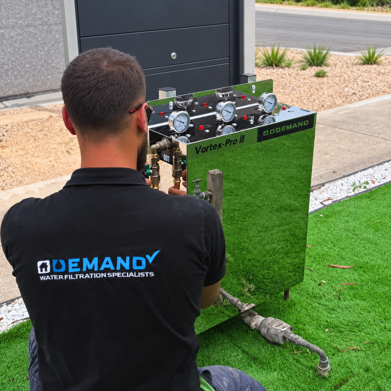 Demand Filtration plumber installing a whole-home filtration unit